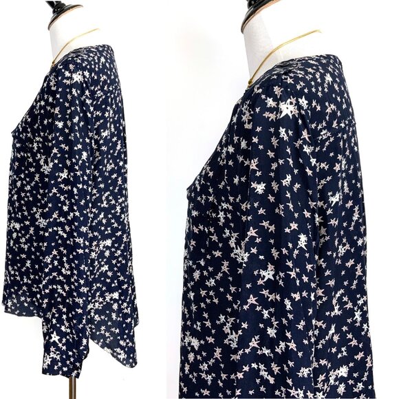 Rebecca Minkoff Silk Star Print Navy Blouse Career Size L - Picture 6 of 16